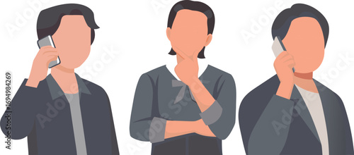 Editable Flat Vector Illustration of Three Individuals Contemplating Decisions – One Thinking and Two on Phone Calls.