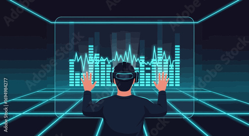 Man immersed in a virtual reality environment interacting with holographic data visualization