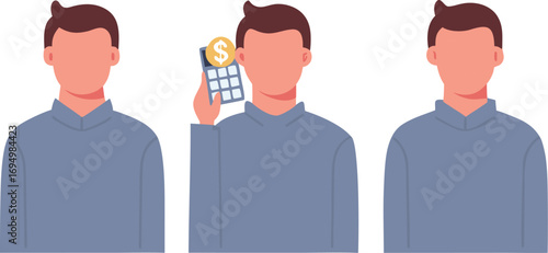 Editable Vector Illustration of Man Contemplating Financial Future with Dollar and Calculator Facing Complex Choices in Minimalistic Style.