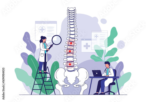 Flat style illustration of chiropractor treatment with doctor examining spine and patient sitting at desk, highlighting back pain therapy, posture correction, and medical healthcare concept