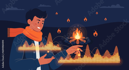 Man interacting with data visualization by campfire at night illustration concept