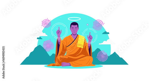 Meditating buddhist monk illustration with halo and mystical swirls calm serenity balanced