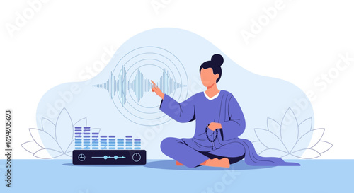 Meditative sound therapy session for well-being and relaxation illustrated flat vector style image