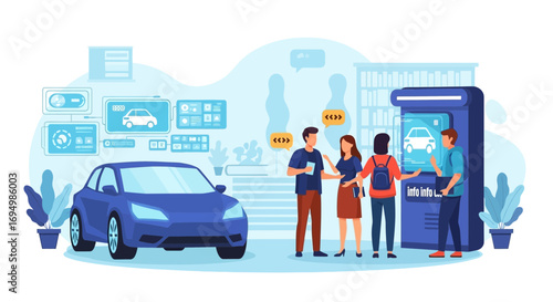 Modern Car Showroom Illustration with Futuristic Technology and Interested Customers