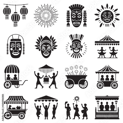 Collection of black and white silhouette icons representing carnival and festival entertainment and decorations