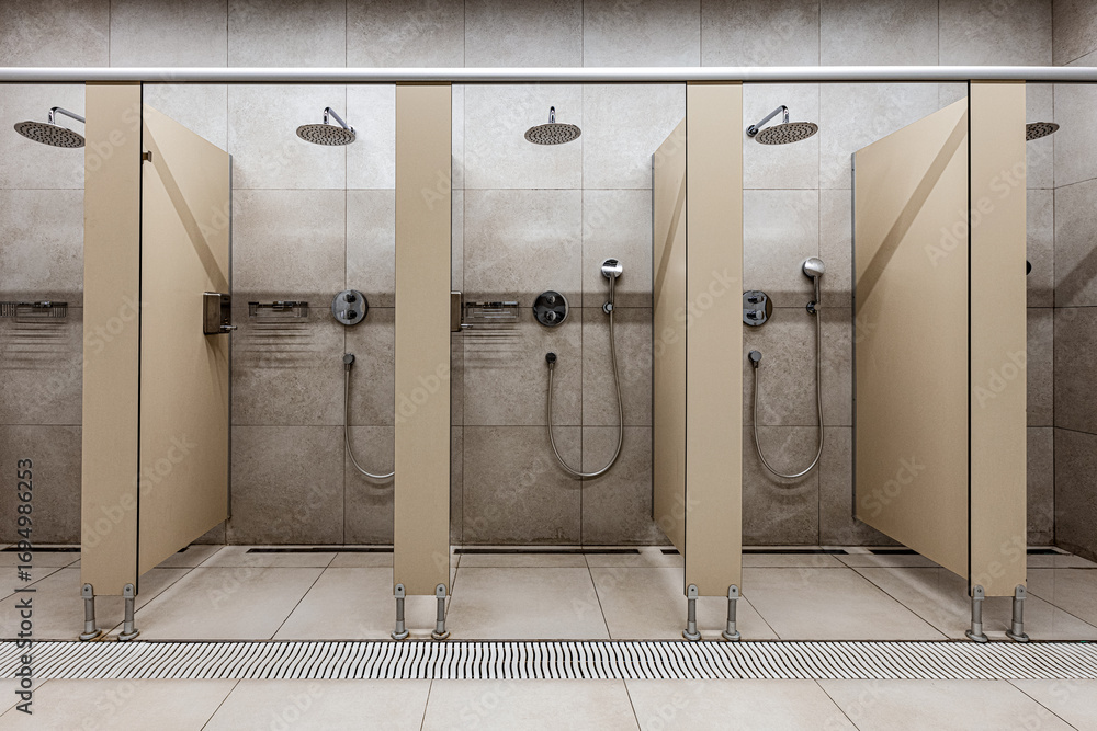 custom made wallpaper toronto digitalModern public shower stalls with beige partitions and stainless steel fixtures