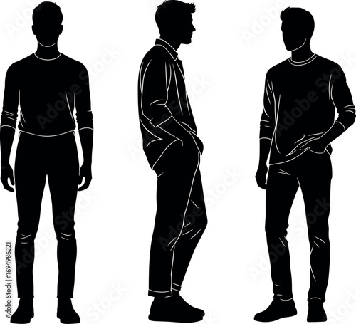 Casual male silhouette illustration with blue outline, fashion pose reference for design, modeling, apparel concept, urban style vector art