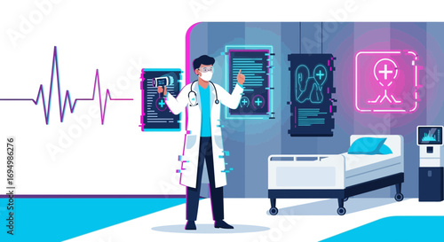 Modern healthcare illustration depicting a doctor using advanced medical technology in a hospital