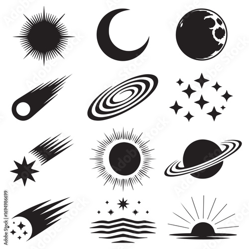 Collection of cosmic celestial bodies and astronomical icons including sun moon stars planets comets and galaxies