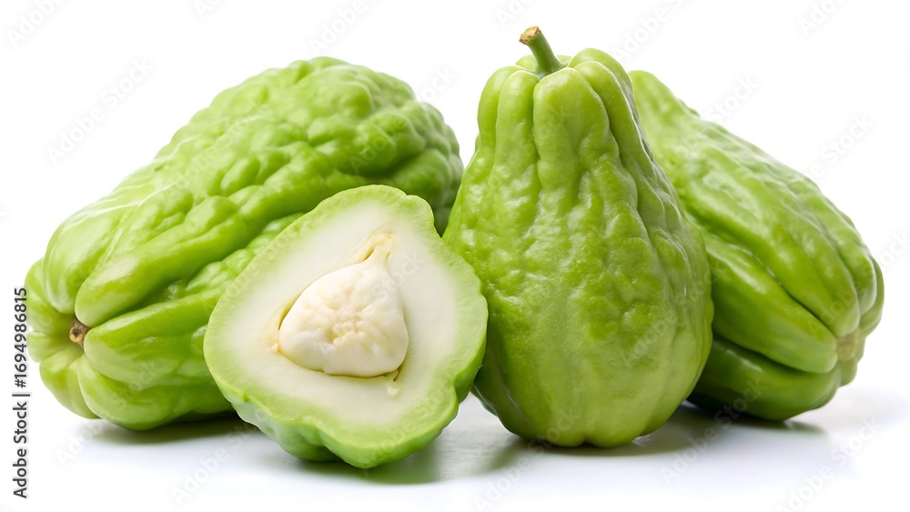 Fototapeta premium Fresh Green Chayote Squash Isolated on White Background, Whole and Sliced Vegetable with Seed, Healthy Organic Tropical Produce, High Resolution Food Photography