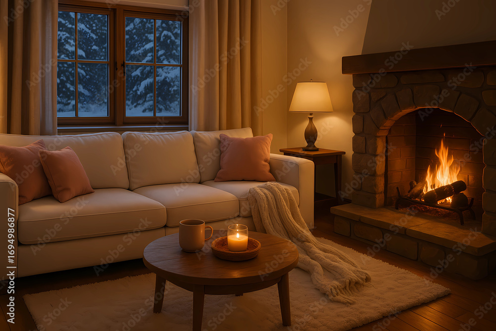 Fototapeta premium Winter interior. The cozy atmosphere of the room, candles/fireplace, festive decorations, stylish interior in rustic style