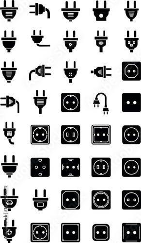 Electrical plug and socket icon set with global power connector types, silhouette vector symbols for energy, travel, and electronics design