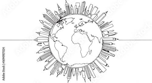 Global Urbanization and City Growth Around the World with Buildings and Skyscrapers Drawing