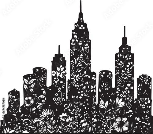 Floral Cityscape Silhouette Black and White Illustration of a Blooming Metropolis skyline
