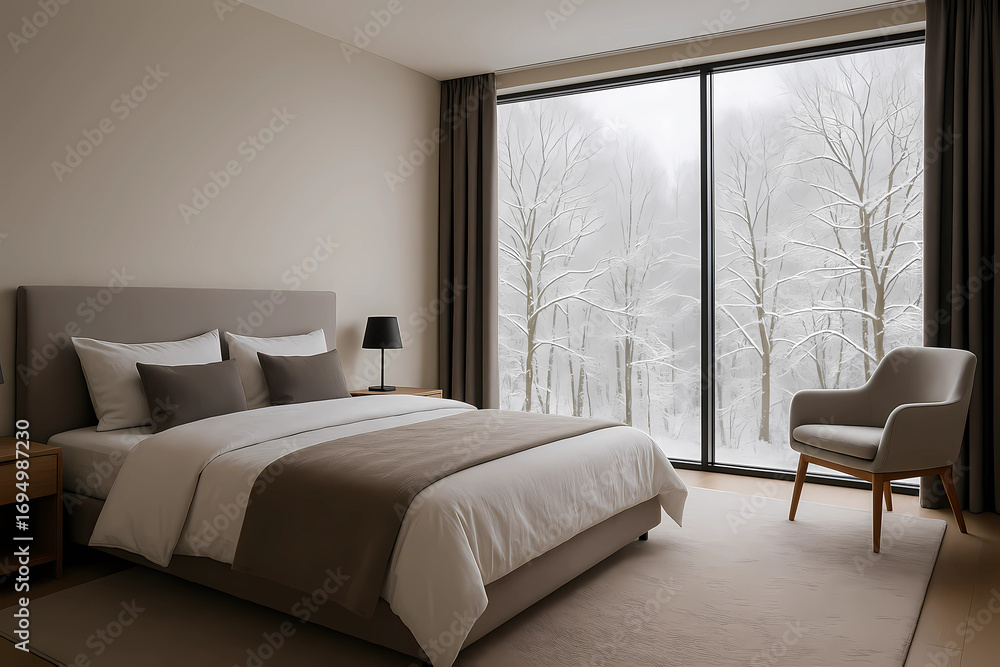 Fototapeta premium Winter interior. White furniture, a winter landscape outside the window, a soft sofa and a cozy holiday atmosphere.