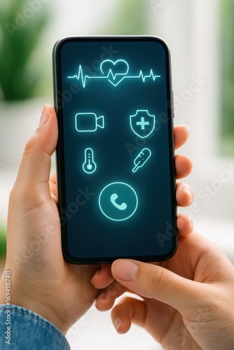 Wallpaper Mural A person holding smartphone and using healthcare application with medical icon on screen. Showing Telemedicine, online medical assistance, and digital health technologies.  Torontodigital.ca