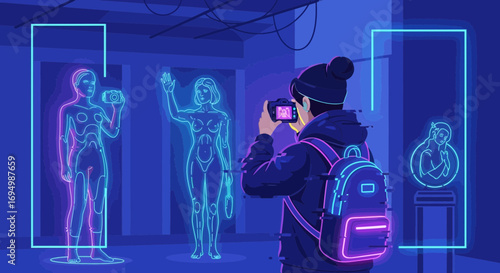Neon art exhibition featuring futuristic holographic displays and a photographer capturing the