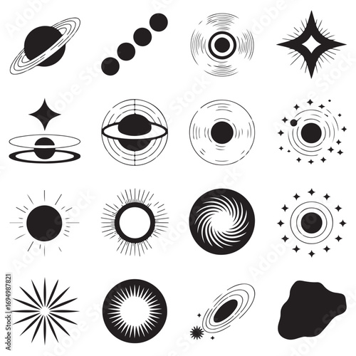 Collection of stylized black and white celestial bodies and cosmic abstract shapes for graphic design and illustration