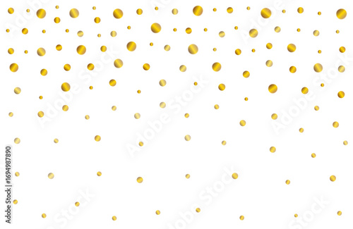 Gold falling round confetti, background with golden shiny radial forms. Aesthetic banner with random metallic circles. Vector festive sparkling premium backdrop