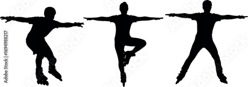 Silhouette Ice Skaters in Dynamic Poses Performing Graceful Movements on Ice Rink for Winter Sports and Athletic Concept Design