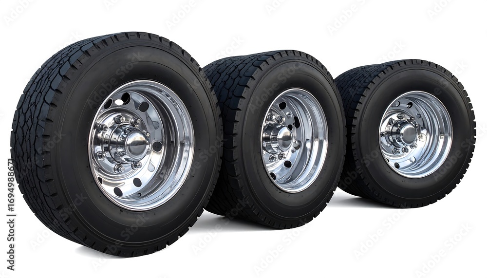 Obraz premium Three chrome truck tires and rims displayed against a white background.