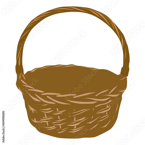 Flat illustration of a wicker empty basket with a handle in brown color