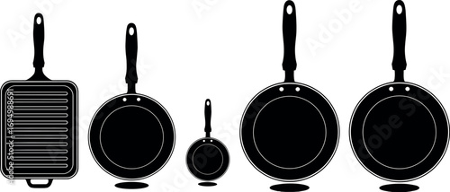 Set of Black Frying Pans and Grill Pan Silhouettes with Handles for Kitchenware, Cooking Tools, and Culinary Design