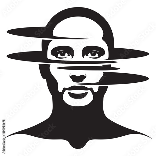 Distorted abstract portrait of a human face with horizontal slices revealing inner thoughts and mental fragmentation