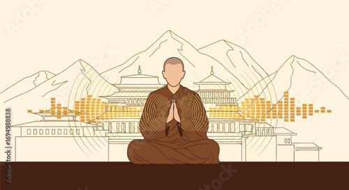 Peaceful Monk Meditating at Buddhist Temple with Mountain Backdrop and Audio Waves