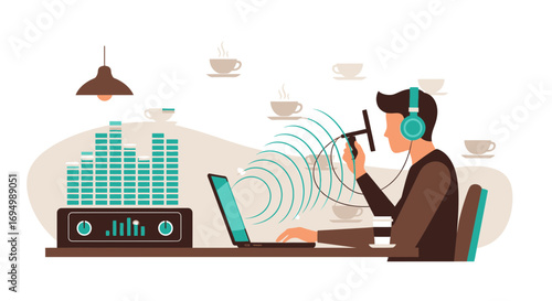 Podcast creation and audio editing, using laptop and microphone for recording  project
