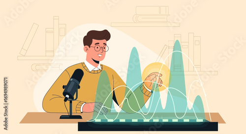 Podcast host analyzing data graphs and engaging with virtual audience professionally