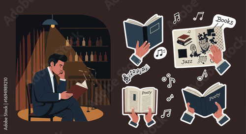 Poetry reading at a jazz club illustration with book stickers and a warm atmosphere