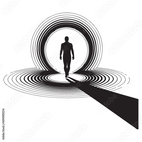 Silhouette of a person walking towards a glowing circular portal creating ripples on a white background