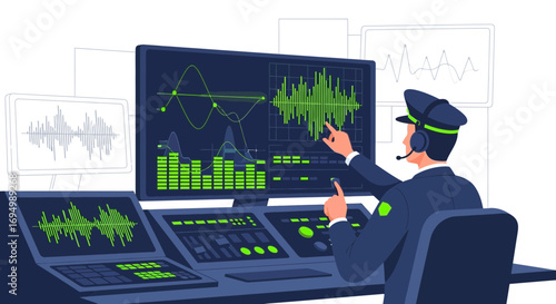 Policeman analyzing sound wave data on multiple monitors in a high-tech security control room