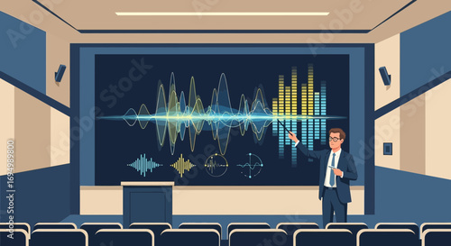 Presentation on sound wave analysis and frequency modulation in a conference room setting