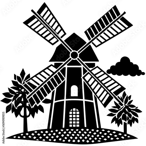 Black and white illustration of a windmill with trees and a cloud agriculture industry