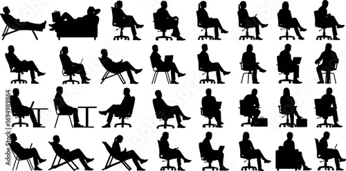 Silhouettes of People Sitting in Chairs Using Laptop, Reading, Relaxing, Conversing in Office, Lounge, and Home Environments