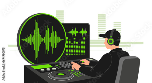 Professional audio engineer working with digital audio workstation and audio mixing console