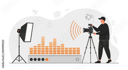 Professional video recording process with a camera and equipment, illustrating film production in