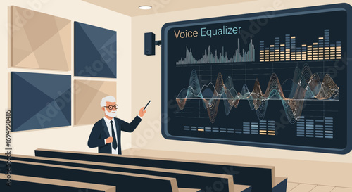 Professor Explaining Voice Equalizer in Classroom setting with vector illustration screen