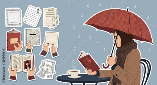 Rainy day reading illustration featuring a woman with an umbrella and books