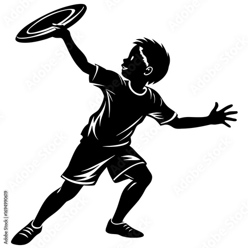 Silhouette of a boy throwing a frisbee with outstretched arms child disc