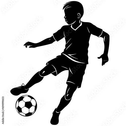 Silhouette of a young boy in motion kicking a soccer ball on a white background child