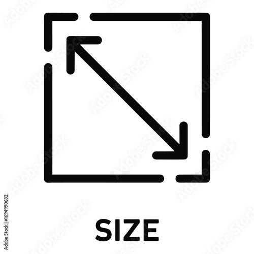 Size dimension icon representing measurement and scaling with diagonal arrow in a square frame silhouette
