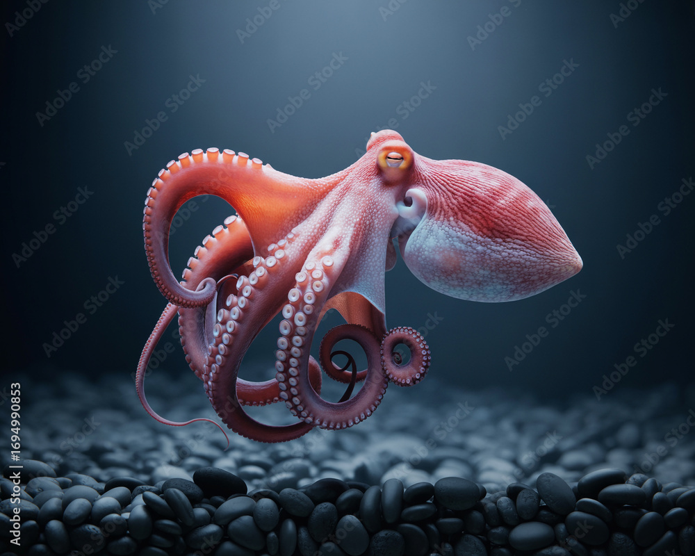 Obraz premium Pink Octopus with Curled Tentacles in Dark Water cephalopod