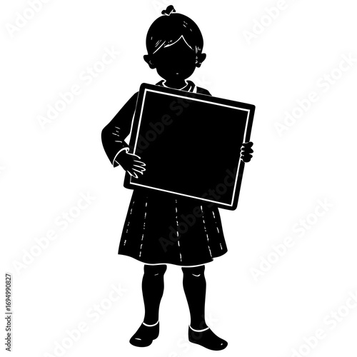 Silhouette of a young girl holding a blank square sign child