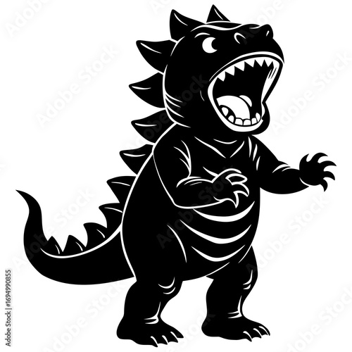 Silhouette of a roaring cartoon dinosaur with sharp teeth and claws Keywords: dinosaur, monster, silhouette, roaring, angry, fierce, scary, cartoon, creature, prehistoric, fantasy, illustration