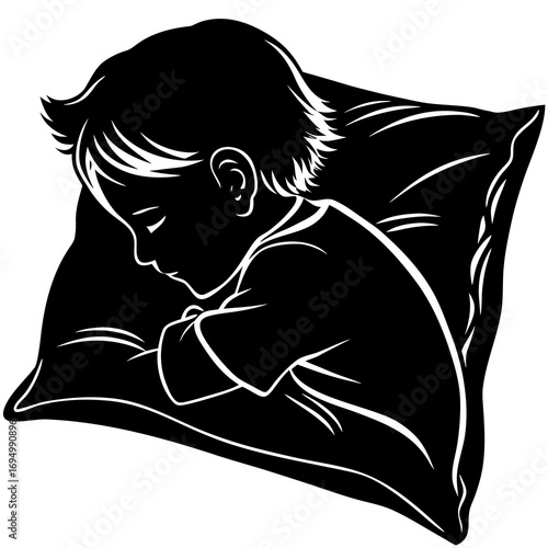 Silhouette of a young child sleeping peacefully on a pillow with closed eyes and arms crossed vector