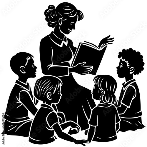 Teacher reading a book to a group of children sitting on the floor story