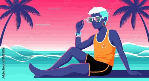 Retro beach illustration with a person in sunglasses enjoying summer vibes and vibrant color